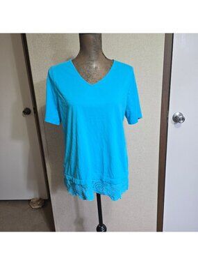 Chicos Size Large 2 Blue Embroidered Hem Short Sleeve Cotton Modal Top